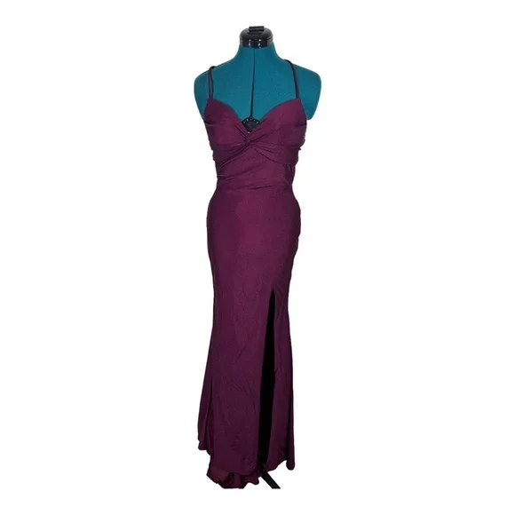 La Femme shinny Jersey Trumpet open Back Front Slit Gown - Picture 3 of 8